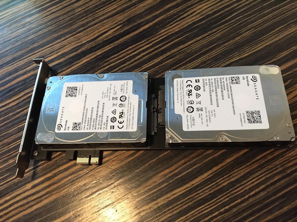 Adapter card with two drives installed (front).