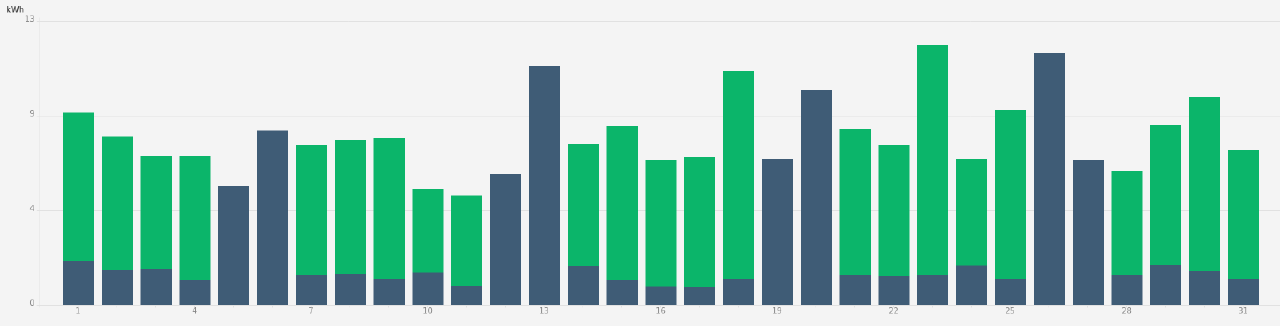 Example daily power usage graph. Blue parts indicate nighttime pricing (cheaper).