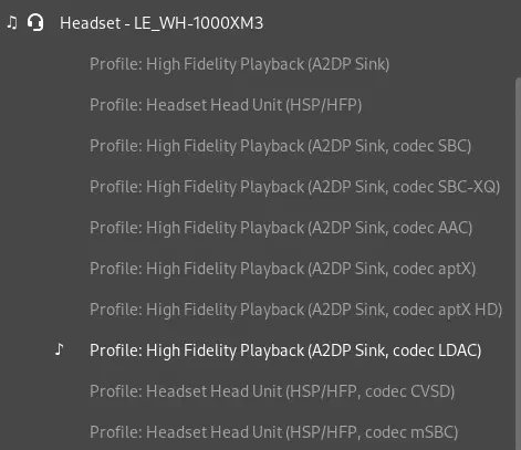 Choice of codecs exposed by Fedora 36.