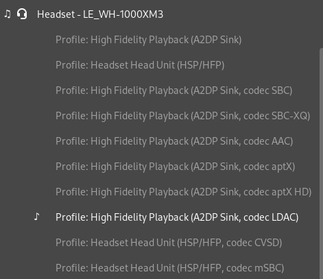 Choice of codecs exposed by Fedora 36.
