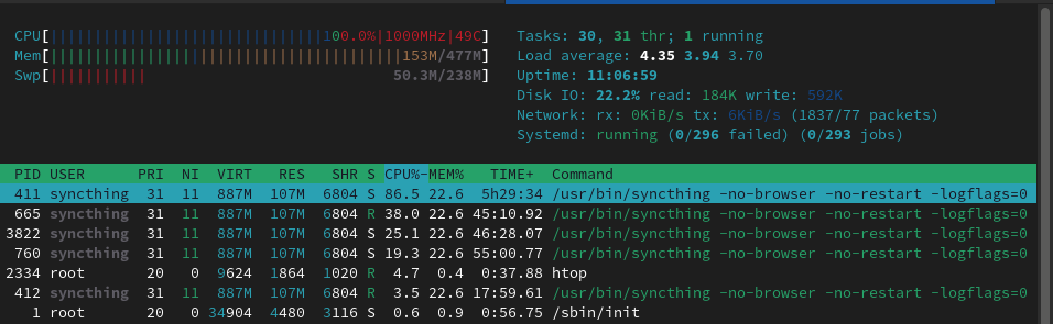 `htop` showing how much the Pi is struggling under operation.