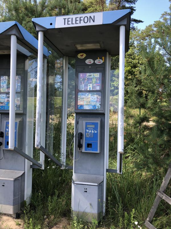 Payphone with various pay cards present behind a plastic shield.