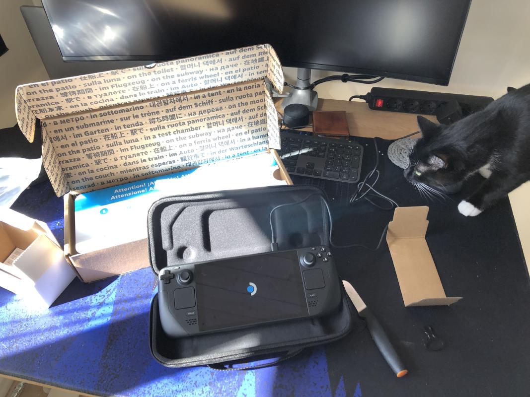 Steam Deck, the packaging, and cat.