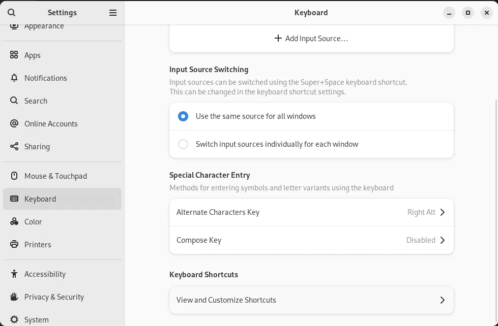 Navigate to 'Keyboard' and click on 'View and Customize shortcuts'