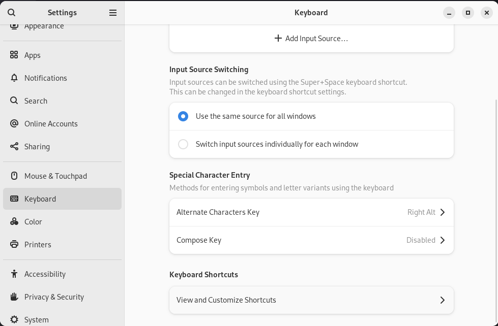 Navigate to 'Keyboard' and click on 'View and Customize shortcuts'
