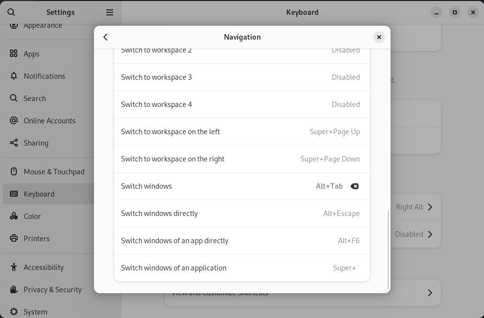 Set the "Switch windows" shortcut to "Alt+Tab".