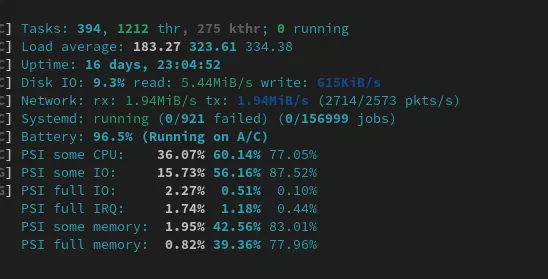 Load average after logging in after the out of memory incident, shown with htop.