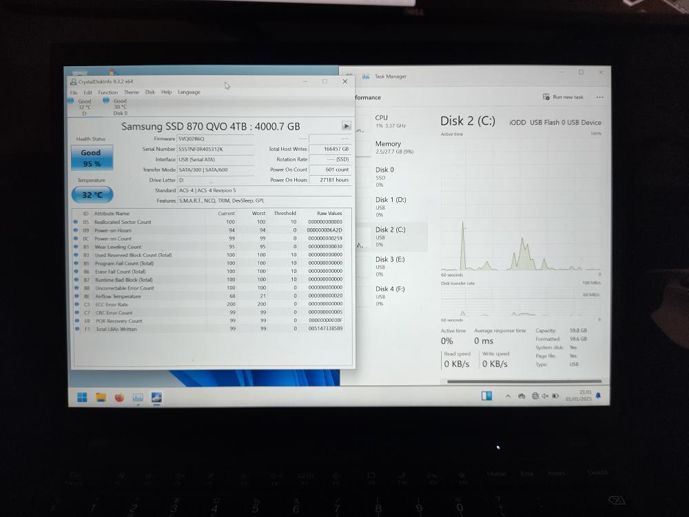 CrystalDiskInfo showing the details of the SSD that's inside the IODD device, on a portable Windows 11 emulated disk.